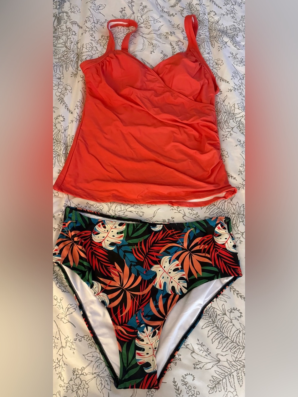 Coral Tankini Top with Tropical Print Bikini Bottoms